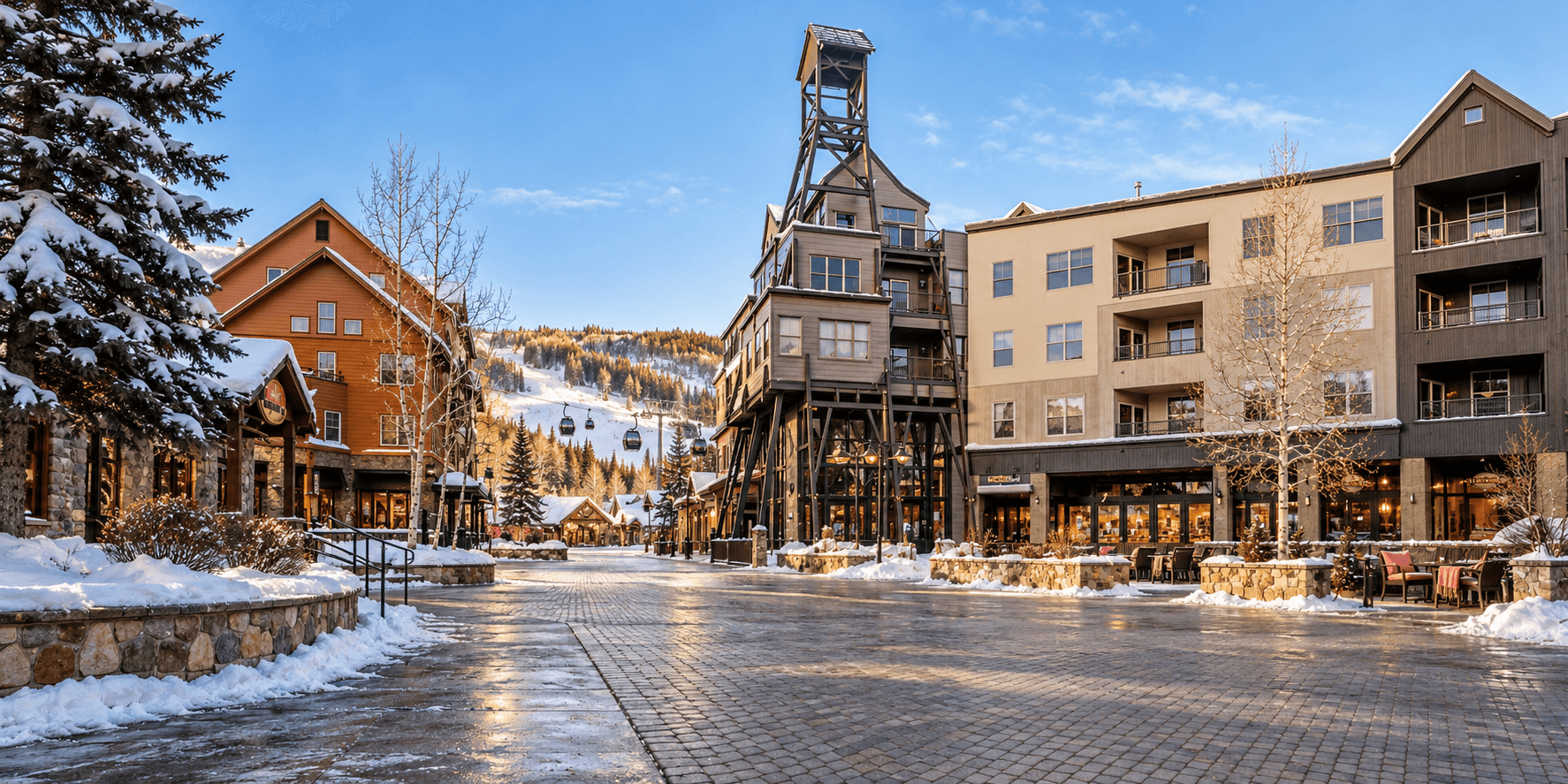 Snow-covered River Run Village in Keystone with the gondola and ski slopes beyond