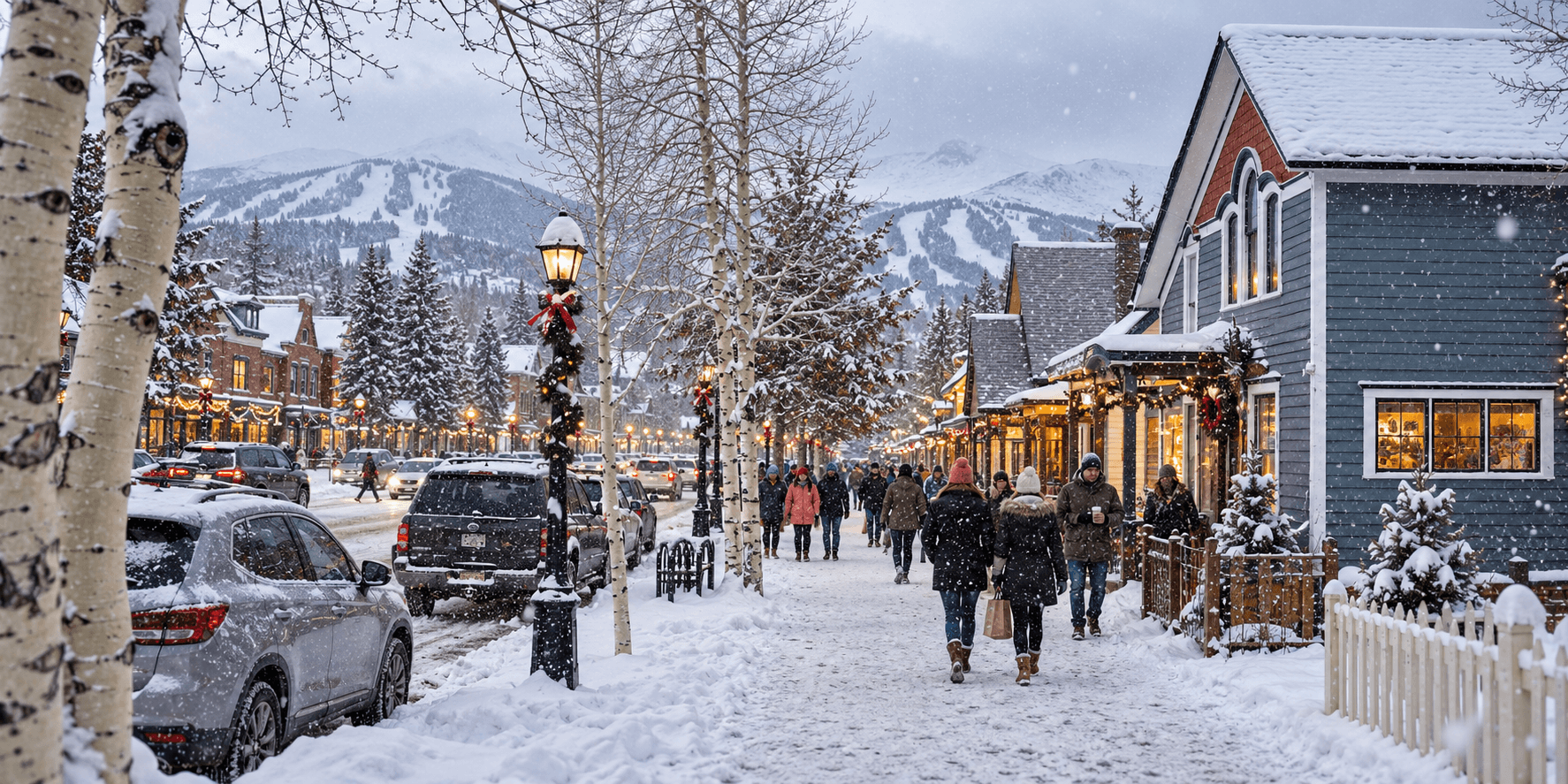 Snow falling on Breckenridge Main Street with mountain views and warmly lit shops