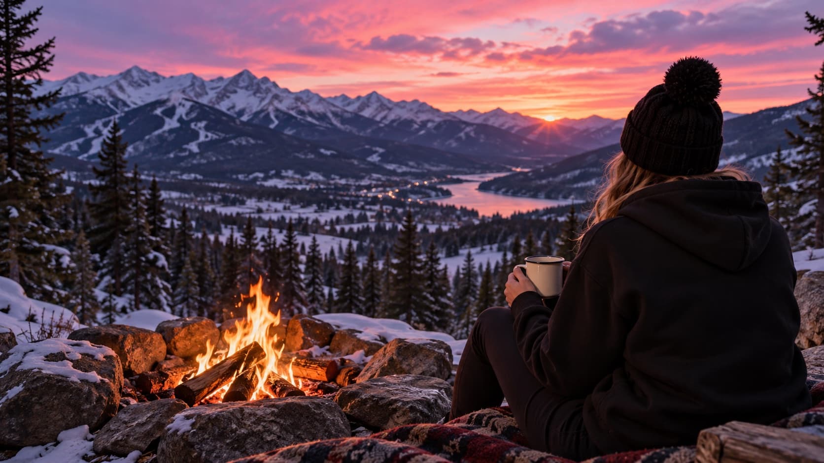A winter mountain overlook at sunset with a campfire and a guest in a black hoodie