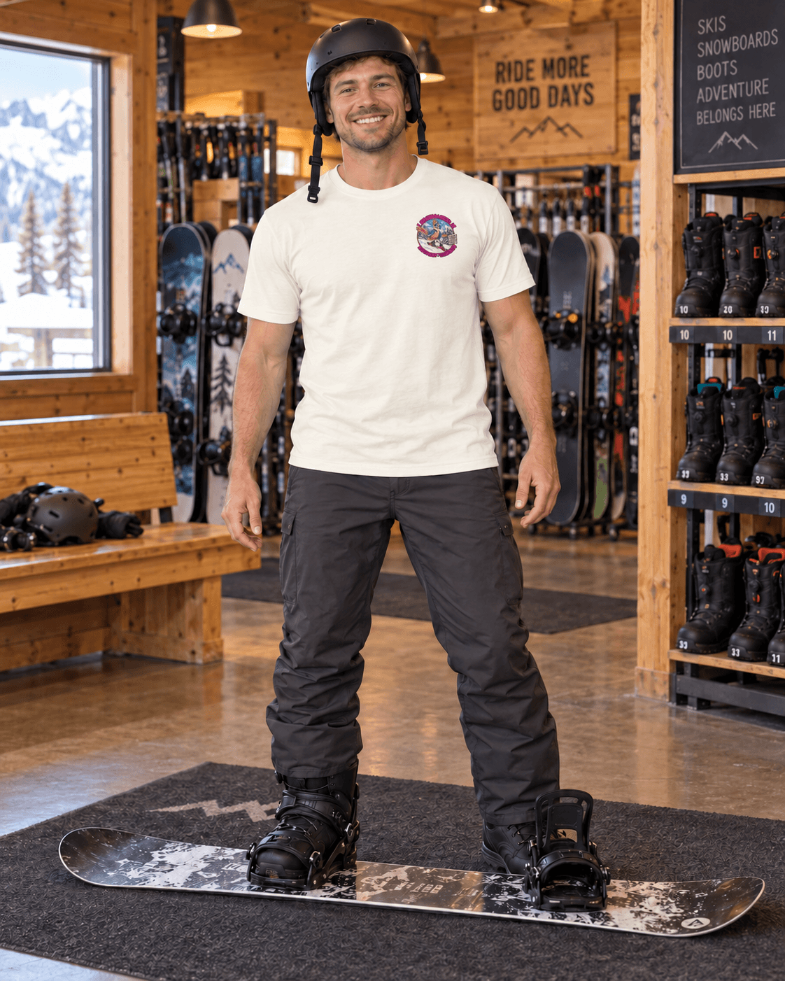 Keystone Snowboard T-Shirt in Vintage White — front lifestyle view in a snowboard shop